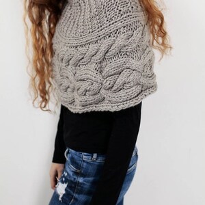 Hand knit woman poncho charcoal capelet Chunky Neck Warmer/Cowl/Tube Scraf cable pattern image 4