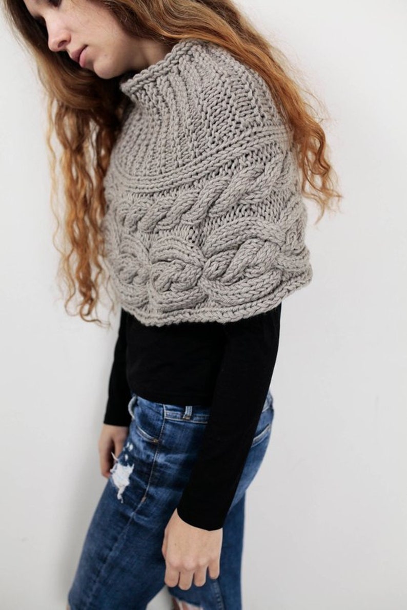 Hand knit woman poncho charcoal capelet Chunky Neck Warmer/Cowl/Tube Scraf cable pattern image 4