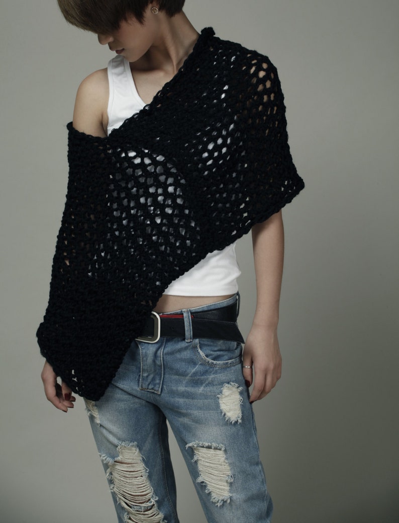 Hand Knit Little cotton poncho Scarf in Black-ready to ship