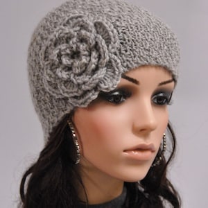 Hand knit beanie wool hat with crochet flower in grey