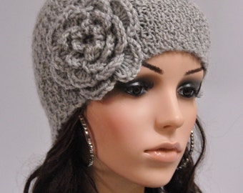 Hand knit beanie wool hat with crochet flower in grey