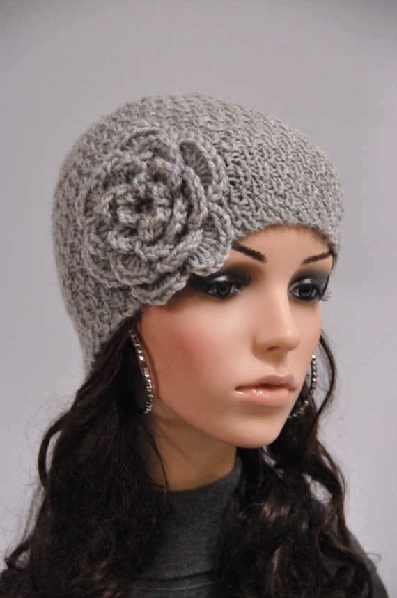 Hand knit beanie wool hat with crochet flower in grey ready Etsy