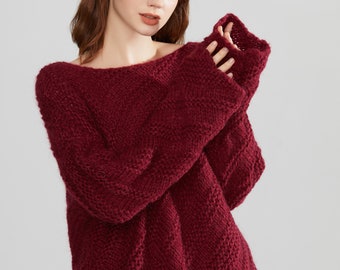 Hand knit woman mohair sweater cropped top pullover sweater wine