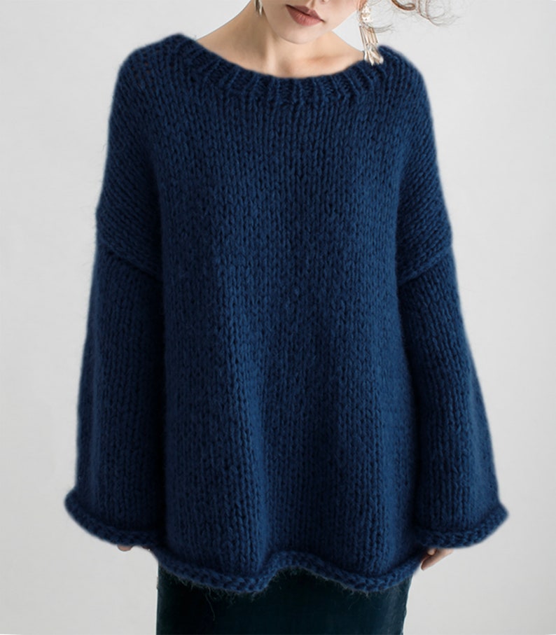 Hand knit woman sweater OVERSIZED mohair sweater top pullover Foggy Blue sweater Navy