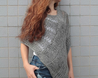 Hand knit little poncho knit scarf knit shrug Grey woman sweater-ready to ship