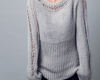 Hand knit woman sweater - Eco cotton sweater in light grey