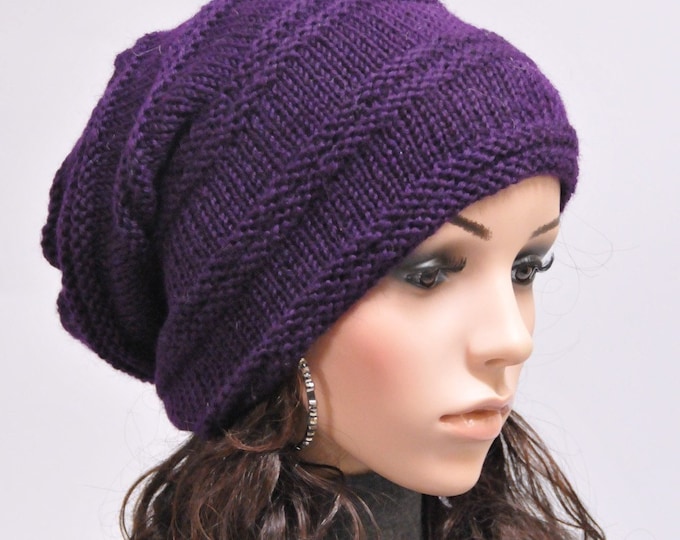 Hand Knit woman men wool Slouchy Hat Deep Purple