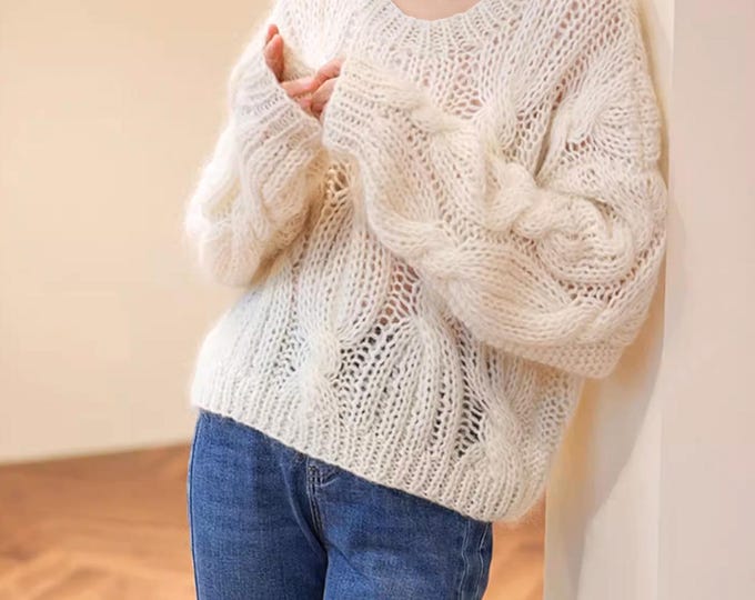 Hand knit oversize woman sweater crewneck slouchy mohair pullover white sweater