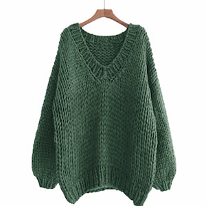 Hand Knit Cotton Blend Sweater: Oversize V-Neck Slouchy Pullover