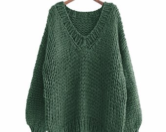 Handgebreide KATOEN trui oversize vrouw trui trui V-hals slouchy trui