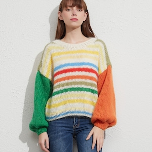 Hand knit woman sweater mohair Jumper knit sweater  color stripe top pullover