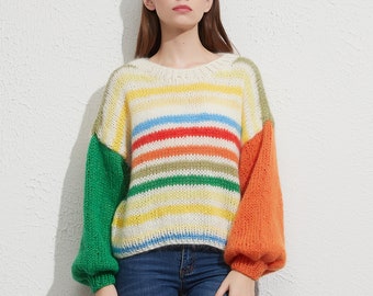 Hand knit woman sweater mohair Jumper knit sweater  color stripe top pullover
