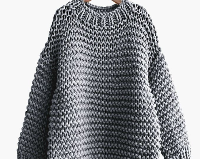 Hand knit oversized woman sweater Crew neck slouchy wool Grey pullover sweater