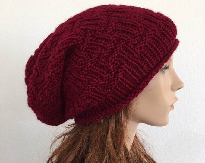 Hand knit woman winter slouchy hat wool hat burgundy wine beret - ready to ship