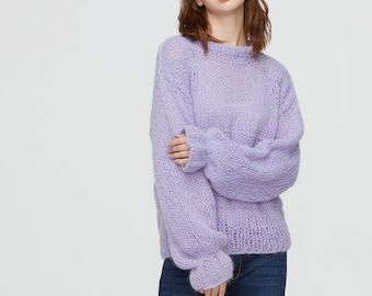 Hand knit woman sweater mohair pullover Lilac sweater top ruffled sleeves