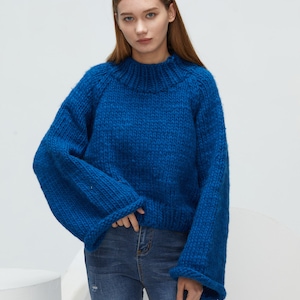 Hand knit oversize woman pullover sweater slouchy wool turtleneck CROPPED sweater Ocean Blue
