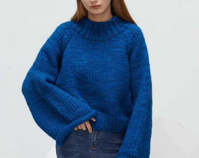 Hand knit oversize woman pullover sweater slouchy wool turtleneck CROPPED sweater Ocean Blue