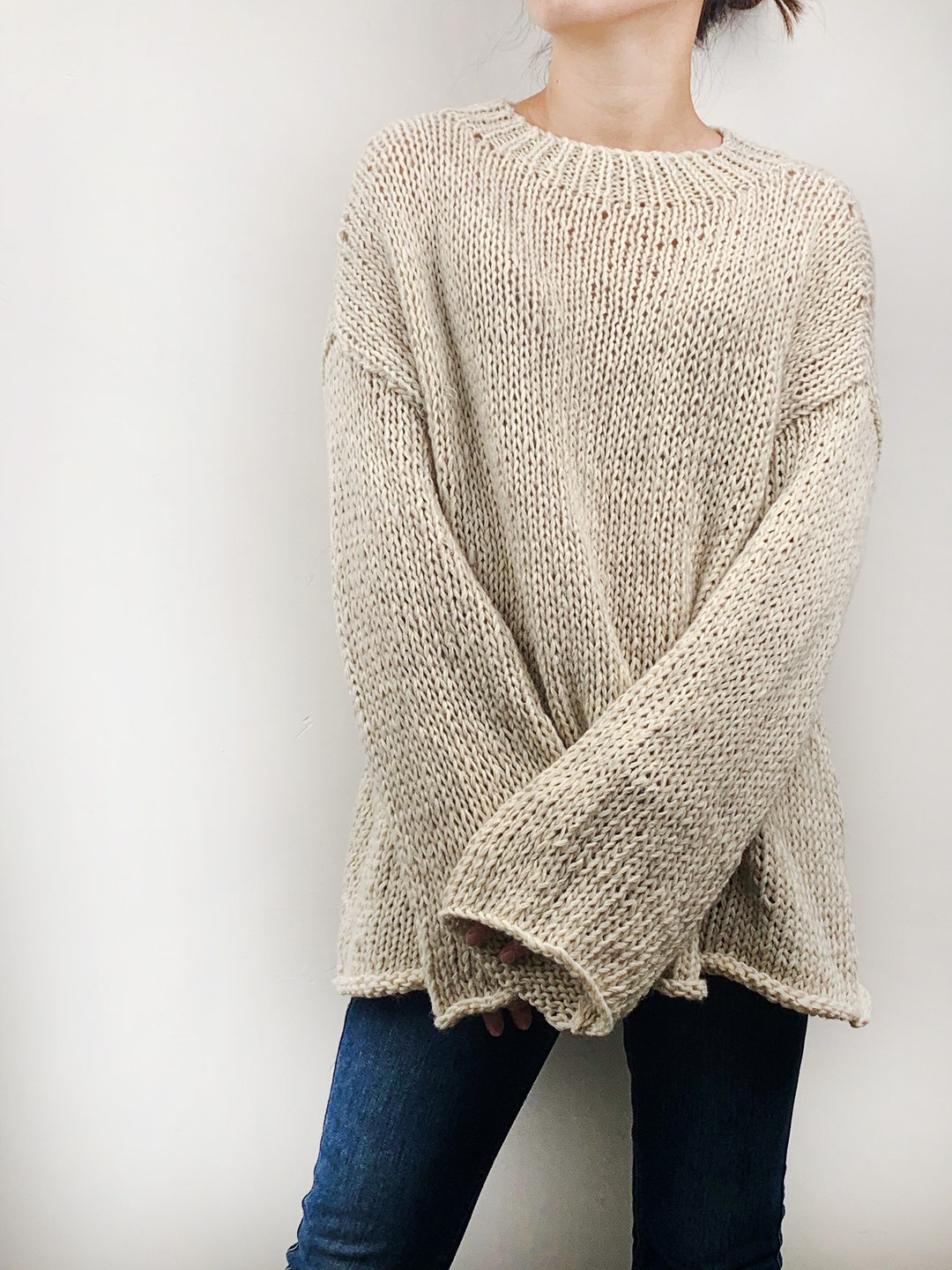 Buy Hand Knit Oversized Sweater: Beige Wool Blend Pullover Online
