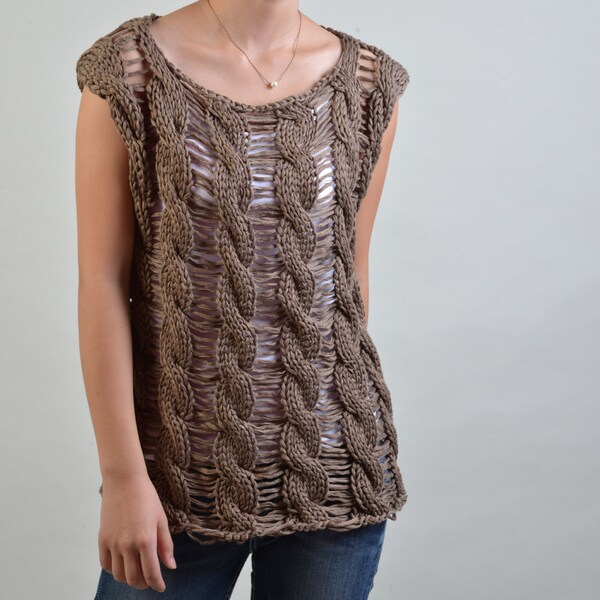 Hand Knitted sweater  Cotton Tunic Tank in Mocha