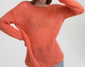 Hand knit woman sweater mohair loose knit sweater top pullover coral