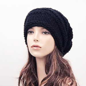 Hand knit hat woman unisex wool hat Oversized black Chunky Slouchy hat