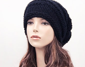 Hand knit hat woman unisex wool hat Oversized black Chunky Slouchy hat