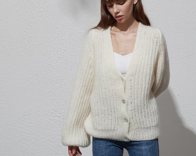 Hand knit oversize woman sweater Mohair button front cardigan white cream