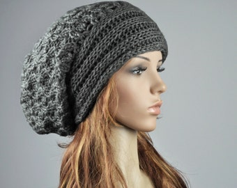 Hand Knit Wool Slouchy Hat - Unisex Charcoal Beanie