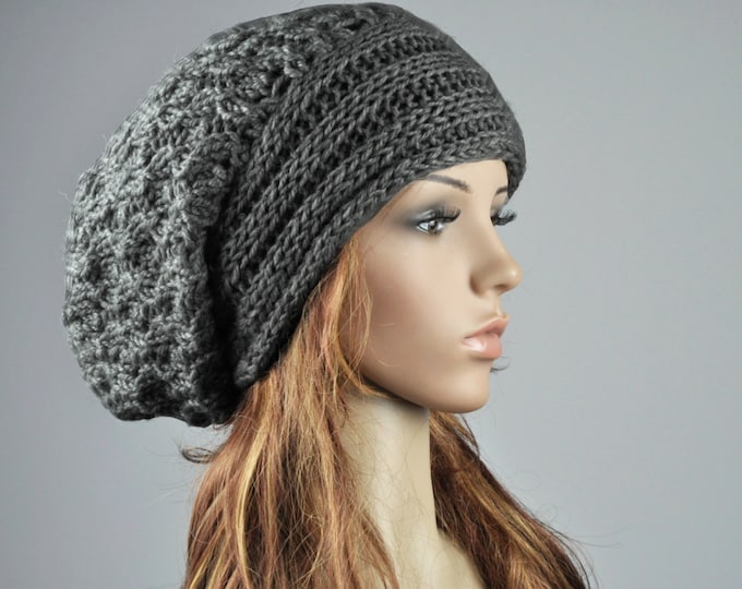 Hand knit hat woman man unisex wool hat slouchy charcoal dark grey hat