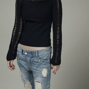 Hand knit eco cotton sweater, Little shrug, cover up top in Black