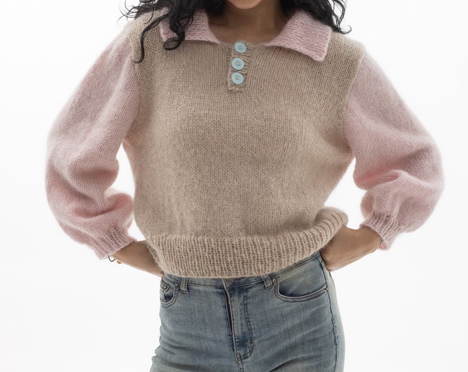 Hand knit woman sweater mohair Light weight short Henley cropped pullover sweater top