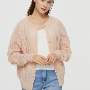 Hand knit oversize woman sweater wheat Mohair button front cardigan Peach