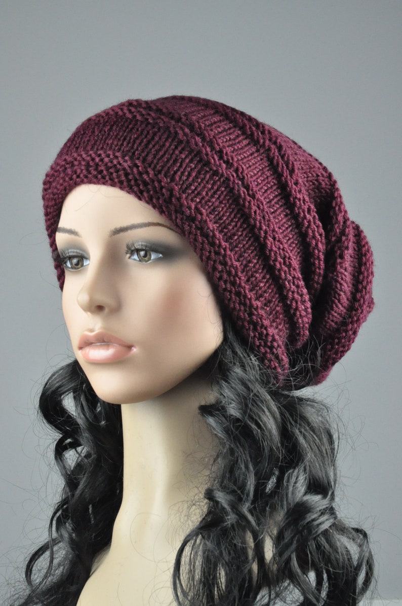 Hand Knit hat woman hat man hat Black Wool Hat Slouchy hat burgundy