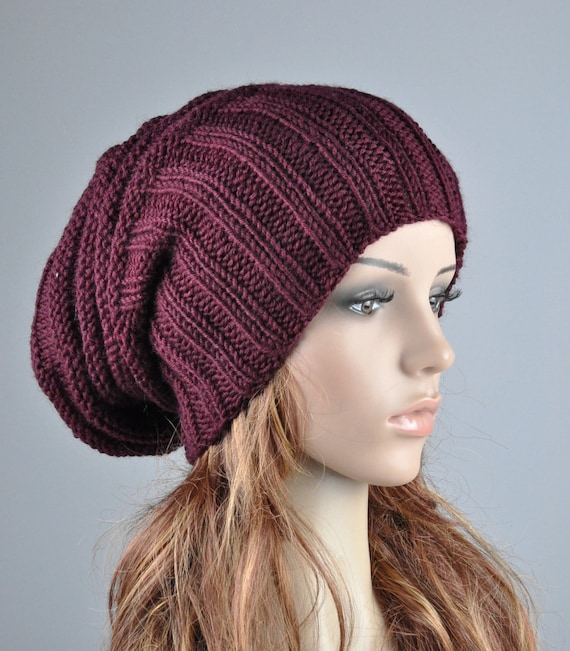 Hand knit hat Burgundy Chunky Wool Hat slouchy hat wine Etsy