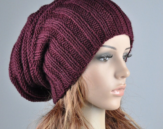 Hand knit hat - Burgundy Chunky Wool Hat, slouchy hat, wine hat