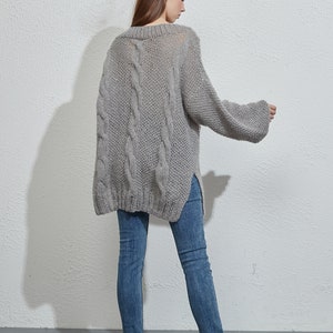 Hand knit oversize woman sweater crewneck slouchy mohair pullover cable knit sweater image 7