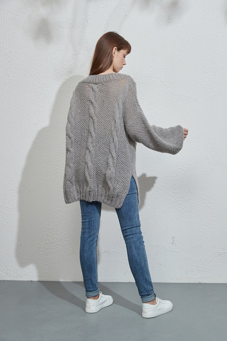 Hand knit oversize woman sweater crewneck slouchy mohair pullover cable knit sweater image 7