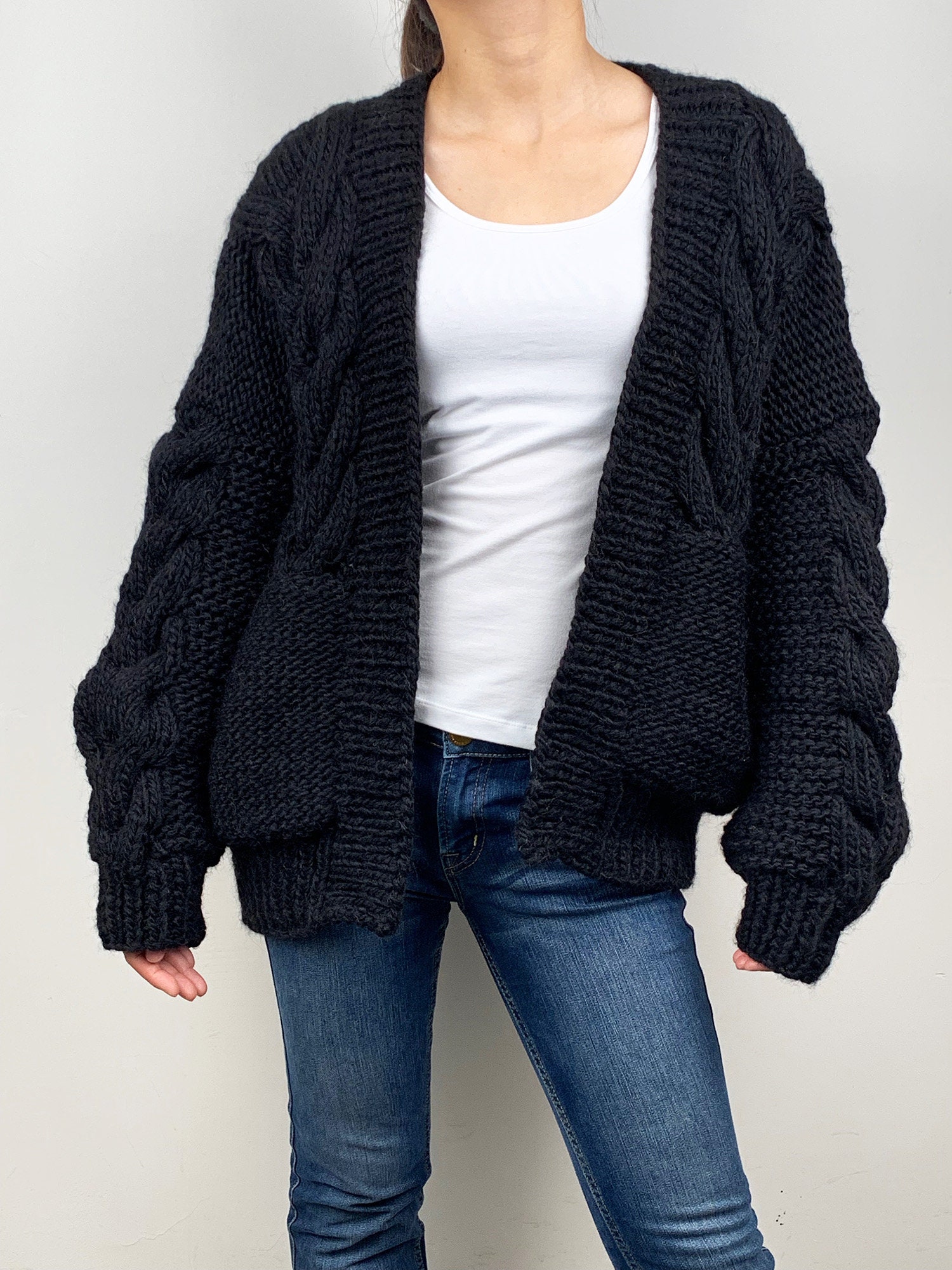 Tejido a mano oversize mujer pullover suéter de lana slouchy negro blanco  mezcla mohair alto cuello cable jersey suéter -  México