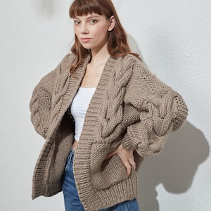 Hand knit oversize woman sweater chunky slouchy dark Khaki wool cable knit cardigan