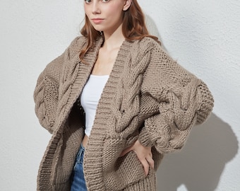 Hand knit oversize woman sweater chunky slouchy dark Khaki wool cable knit cardigan