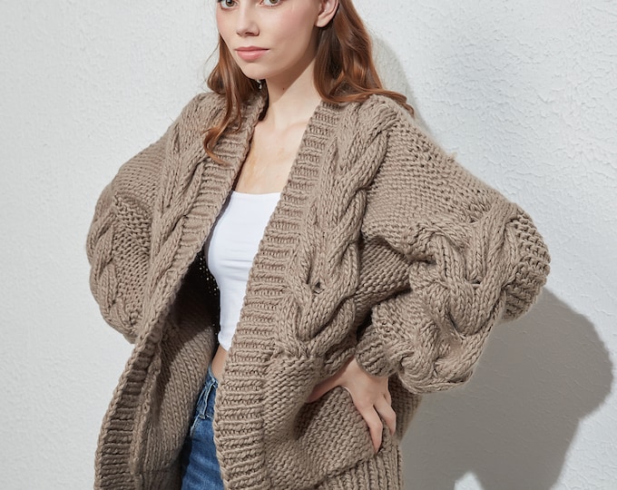 Hand knit oversize woman sweater chunky slouchy dark Khaki wool cable knit cardigan
