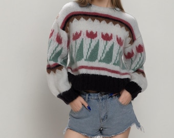 Hand knit woman sweater mohair pullover Lilac sweater top flower pattern