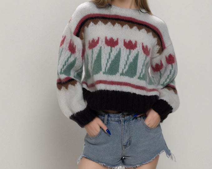 Hand knit woman sweater mohair pullover Lilac sweater top flower pattern