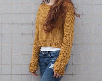 Hand knit woman cotton sweater cropped top cover up loose weave Mustard Yellow