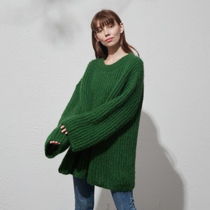 Hand Knit Oversized Mohair Sweater: Forest Green Pullover Top