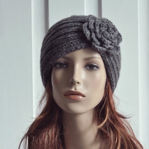 Hand Knit Hat woman Wool  Beret Hat with crochet flower Charcoal Dark Grey
