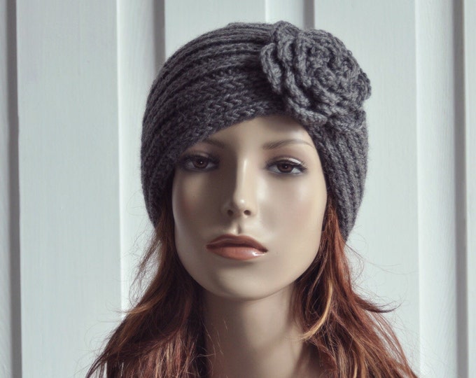 Hand Knit Hat woman Wool  Beret Hat with crochet flower Charcoal Dark Grey