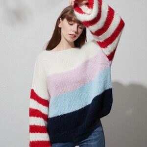 Hand knit woman sweater mohair Jumper knit sweater  color stripe top pullover