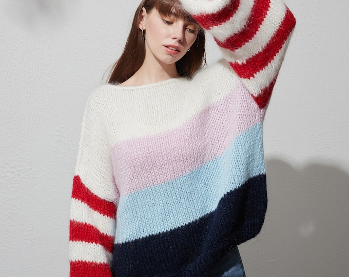 Hand knit woman sweater mohair Jumper knit sweater  color stripe top pullover