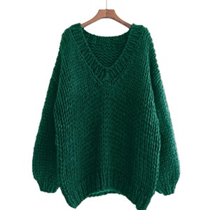 Hand Knit Cotton Blend Oversized V-Neck Slouchy Sweater